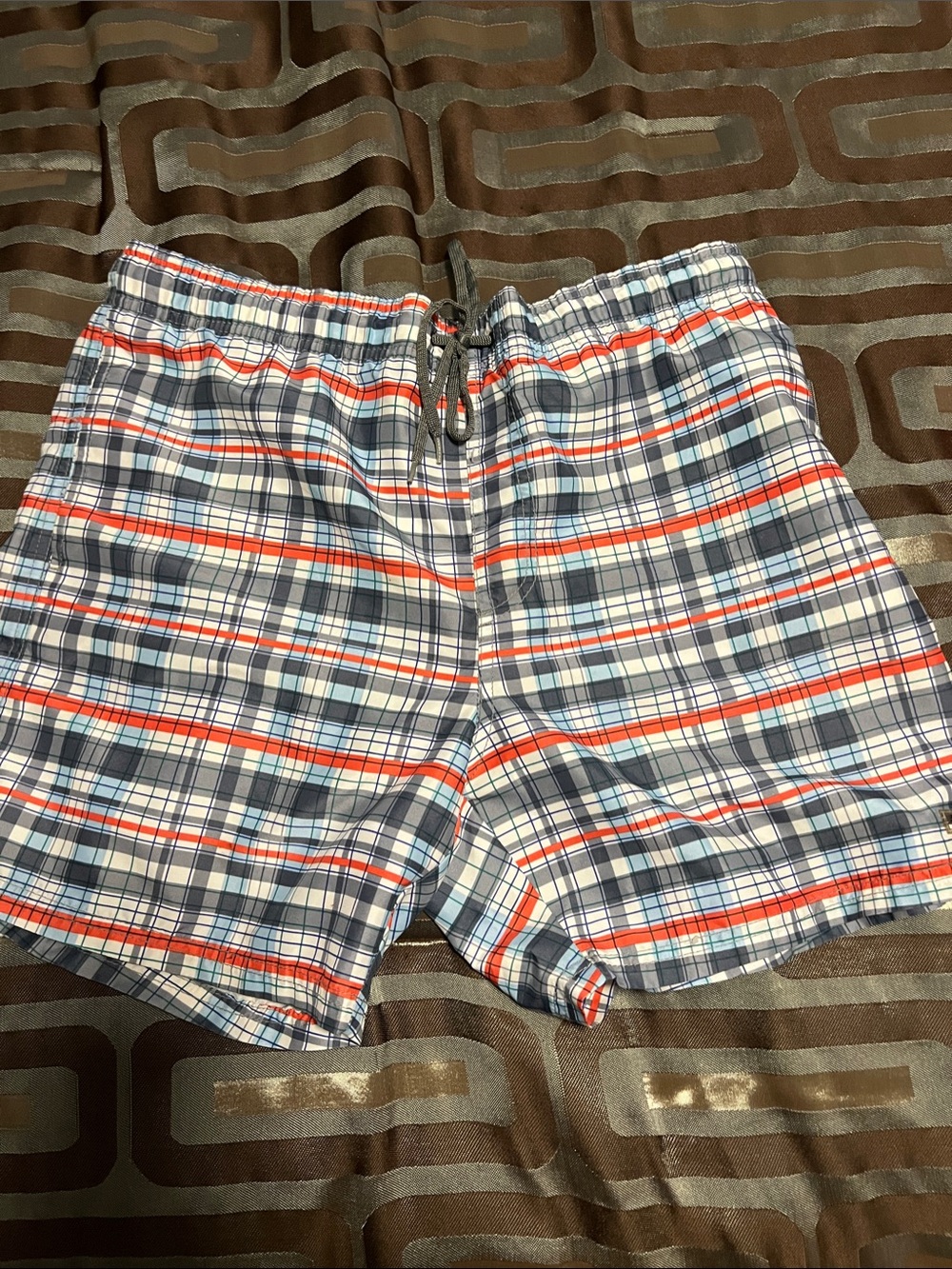 Men's Plaid Swim Trunks in White, Grey, Blue & Red - Elastic Waist
